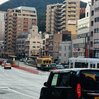 路面電車が走ってる。