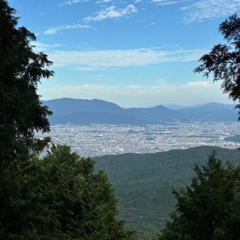 下山中、国見岩からチラリと眼下に見えた
午前に登った片縄山