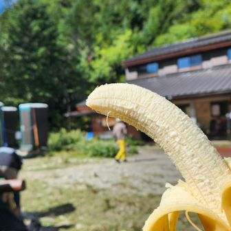 森の中の急登を越えると御池小屋に到着。
ここで気合いのバナナ🍌タイム。
外トイレは使用できませんでした🚽