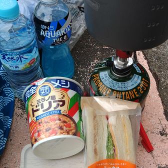 権現山の山頂メシ。
サンドイッチと完全メシのドリア。