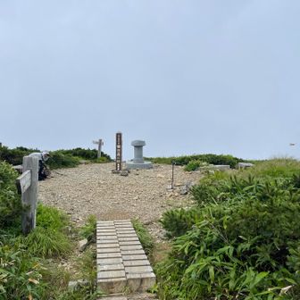朝日岳の山頂着。
巻道でテン場に直接行けましたが、一度、白馬岳から朝日岳までを歩いてみたかったのでこちらまで来ました。
百・二百・三百名山を連続で登れるのは、ここと越百山〜南駒ヶ岳〜空木岳くらいでは（知らんけど）。