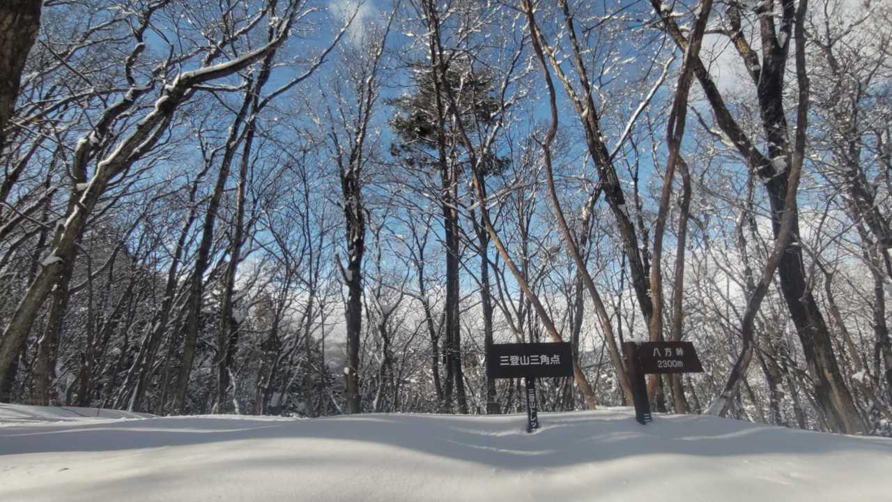 三角点には踏み跡もなくきれいな雪面。