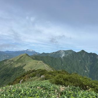 自念子ノ頭、西黒森山、瓶ヶ森とつづく西側の稜線、その左奥に石鎚山