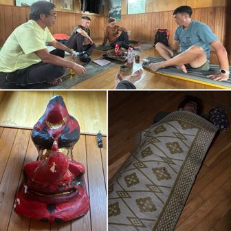 二次会🍷🍶

小屋番さん👺も交えて遅くまで🍻😆

ダウンした者にゴザをかける。

土左衛門って言ったのは誰🤣？