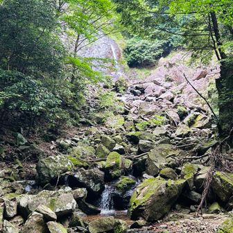奥に滝。