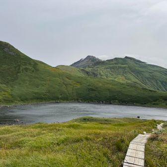 鳥海山バックに鳥海湖⛰️だいぶ下りてきたよ〜
このあと笙ヶ岳分岐で体持って行かれそうな爆風にあって撤退😂はーいやめやめ〜