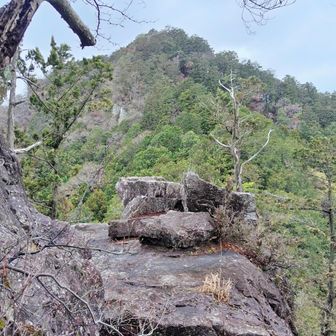 6畳間程のこのテラスでランチしたかったけど、風が冷たいので岩影でおにぎりを頂きました