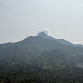 ポン山から見た利尻山。山頂に雲がかかってる