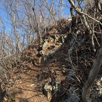 山頂で休憩していた地元の方と戸神山について話しているうちに鉱石採掘跡へと案内してもらえることに
到達までのきちんとした山道はありますが結構な急坂と岩場を下る