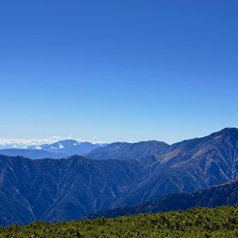 大唐松山から農鳥岳へと続く、大唐松尾根。
その奥には白峰南嶺や笊ヶ岳も。
大唐松山から眺めた池山吊尾根に、ずっと心を奪われていた。昨年は病み上がりで諦めたが、今年はこの尾根に立っている。

感無量……