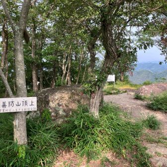 善防山頂上に到着。あまりの暑さに長袖を脱ぎました。水のペットボトルが600ccは足りないなぁとわかった時すでに遅し。
