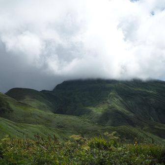 山頂はすっぽりと雲におおわれて。