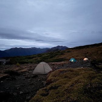 雨が止んだのでテン場を確認に。
（雪はチラついてました）
強者のテントが三張りありました。
その後、山荘に戻り8時に消灯。