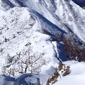 中岳から、阿弥陀岳の分岐までのトレースがくっきり見える