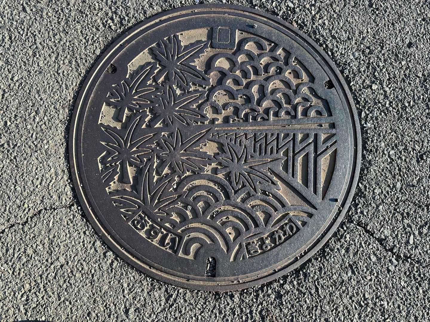 清川村のマンホール蓋🕳️
宮ケ瀬湖の西部に架かる｢虹の大橋」と
村の木イロハモミジがデザインされている
