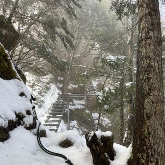 四合目手前から急角度の梯子、鎖場が出て来ます。