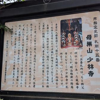 母巣山少林寺の説明板(臨済宗建長寺派)秩父神社の傍にあった蔵福寺が十五番札所だったが明治維新の際廃寺となり少林寺が受け継いだようです。本尊は十一面観世音でし。