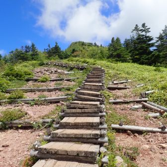 四阿山の山頂へのビクトリー木道ですが、ここでまた同行者さんの足が攣って小休止…