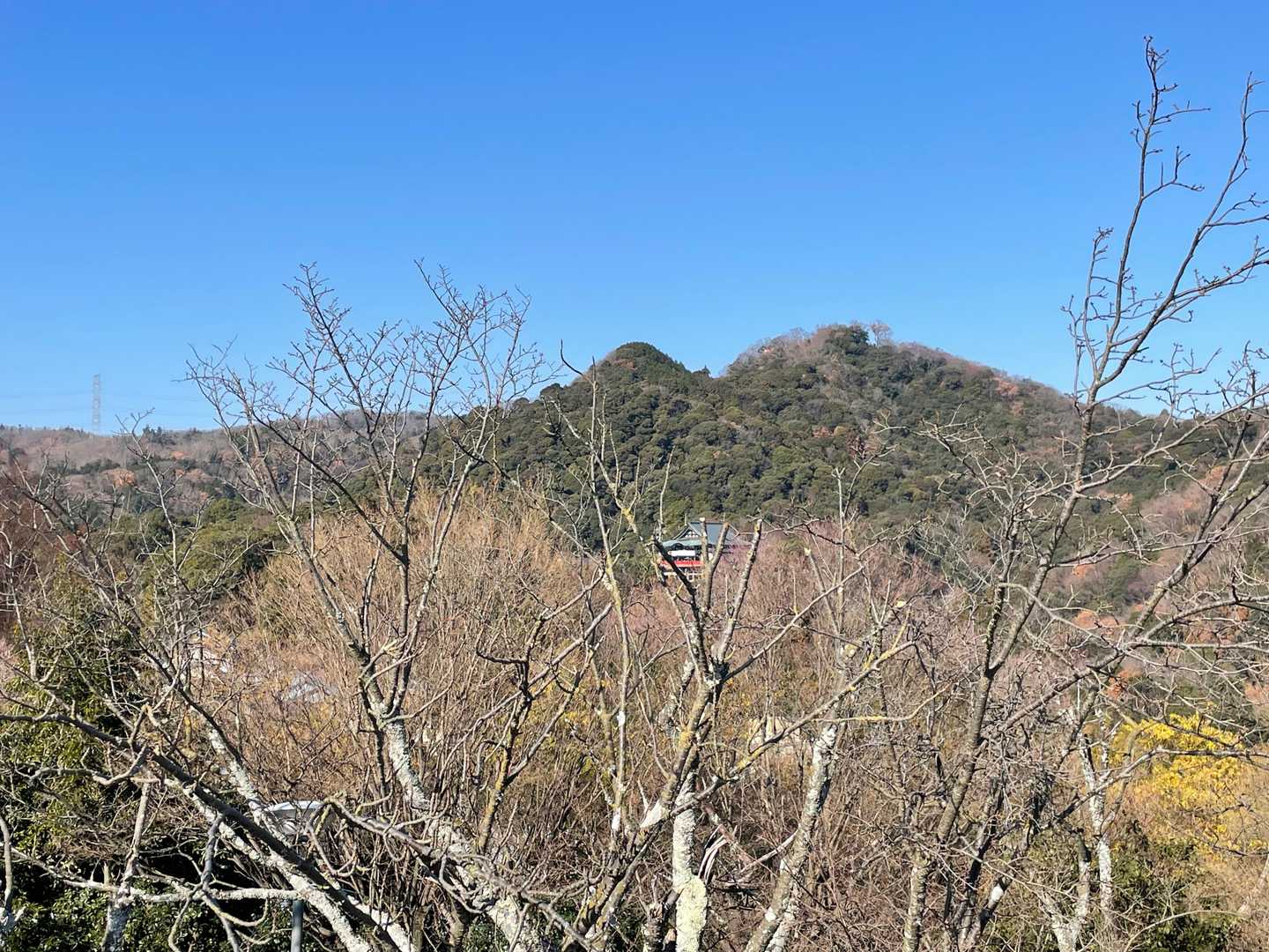 雄嶽と雌嶽二つの峰と、これから行く本堂がよく見える