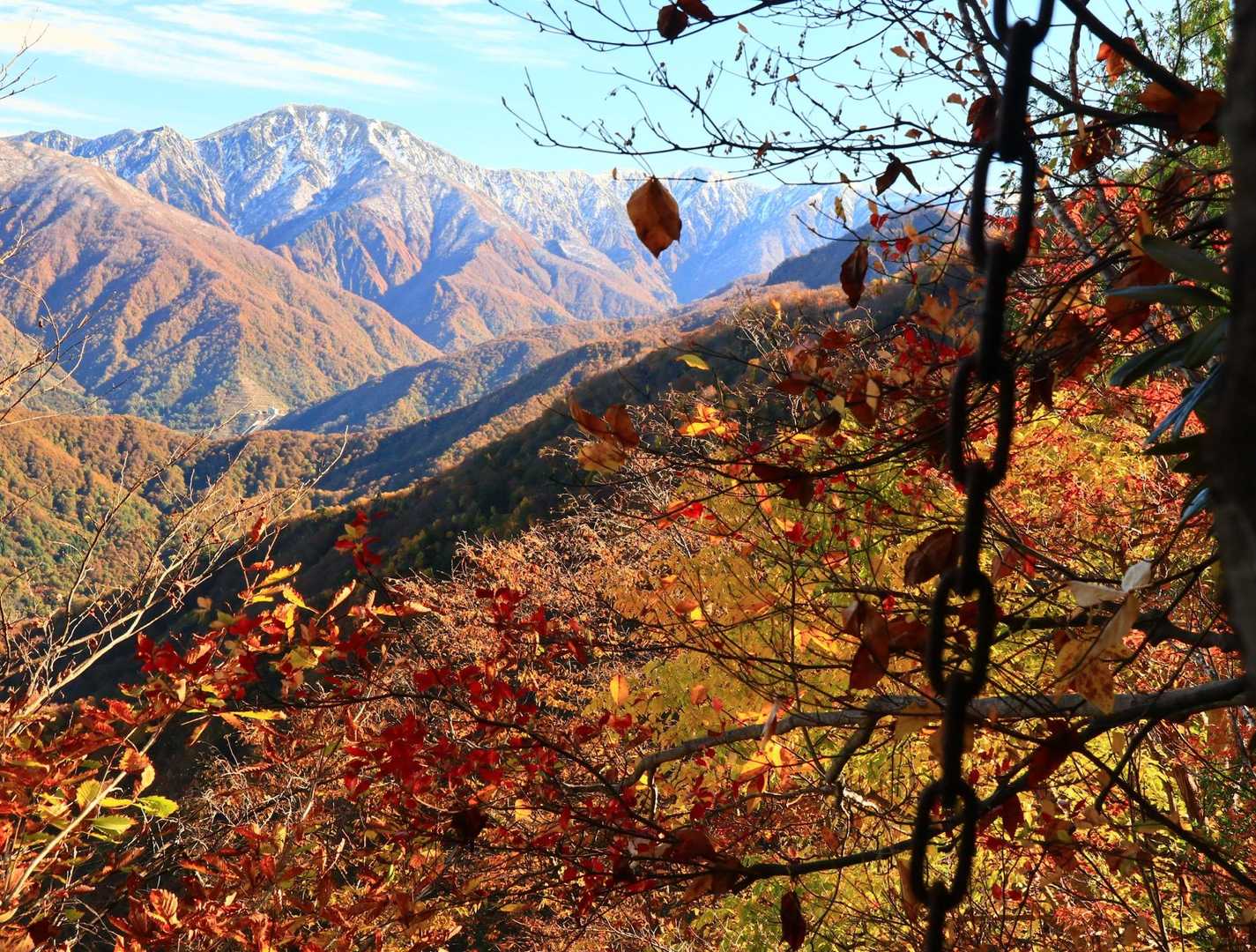鎖 × 紅葉山肌 × 冠雪中ノ岳
ここ金城山のよさを集約した光景だなぁ♡
そう思いながらパチリ📸✨
