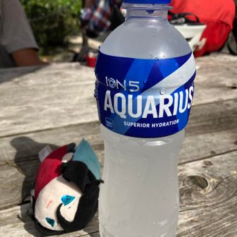 山小屋で流水で冷やされたポカリ(250円)を一気飲み。めちゃくちゃありがたい！！