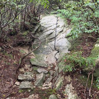 ロープを頼りに、濡れた一枚岩を登ります