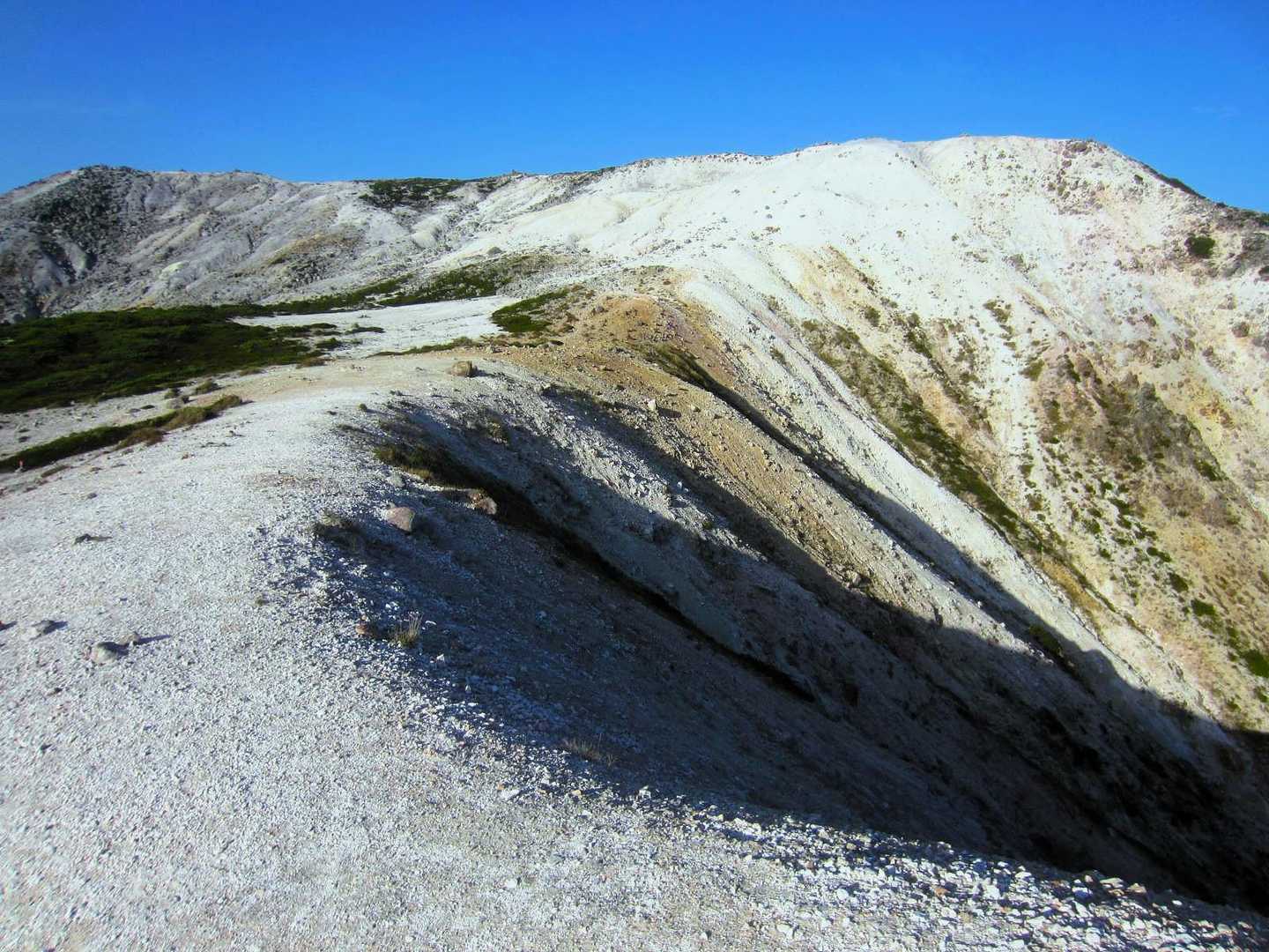 稜線に出る。　吹きっ晒しの砂礫地。　これがニセコアンヌプリ山頂から見えていたイワオヌプリの山頂だ。　風がかなり強体感温度は低い。