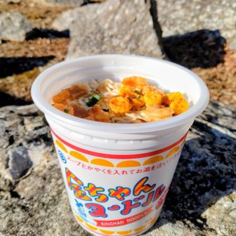 景色を眺めながらの、最近勝手にオッサン推しの金ちゃんヌードル。(笑)