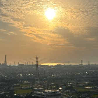 海が、夕陽に照らされて光ってる😍