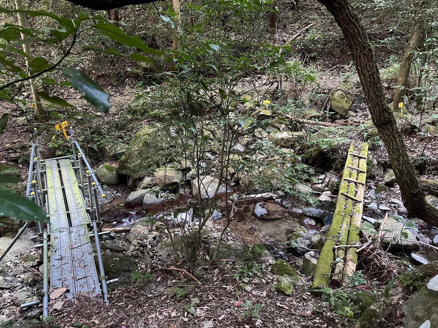 登山口。金属の橋を渡ります。