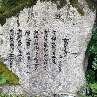 私たち世代ですと、三千院といえば「京都～大原三千院…」のフレーズか脳内に刻み込まれている方もいるのでは?(^_^;)

ここで初めて、このフレーズが歌の一部だったことを知りました!(^_^;)

永六輔さん作詞のご当地ソングだったんですね。

と、ここで、最初に見た「女性の一人歩きは…」の看板は治安の意味以外もある気がしてきました…。(^_^;)