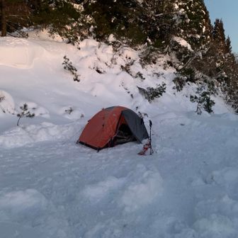 いつもの、山陰に設営。時々、風の音が聞こえたので看板のところは風が吹きすさんでいたと思う。朝の気温は-3℃