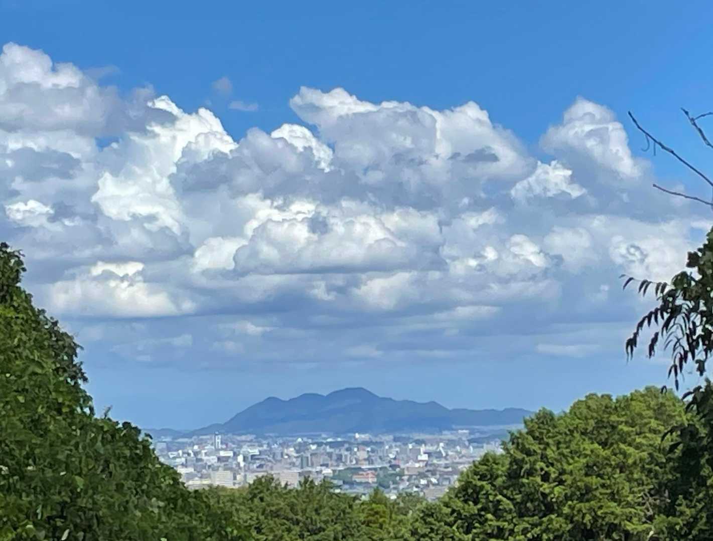 再び駐車場前の道路から立花山を臨む

空を見るといつの間にか積乱雲？展望所で見た時はなかったやん。。

この暑さで猛残暑という馴染みのない言葉まで見かけるようになりました。いつまでこの暑さは続くのでしょうか？😓

せめて熱帯夜から早く解放されますように🙏