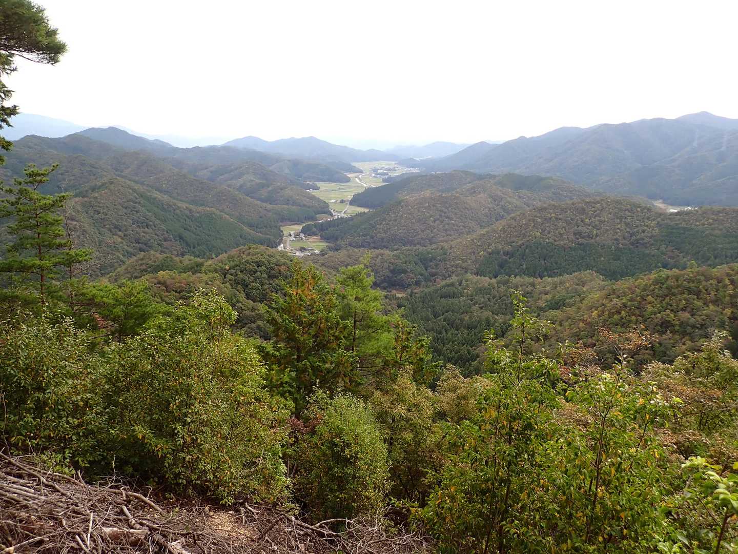 木々が伐採され東から南方向の眺望広がる。
写真は南東方向、右手の山は半国山、亀岡方面が良く見える。