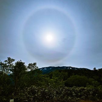 三角点到着
今日は開山祭の日。薬師岳山頂薬師如来尊堂附近に、とても大きな日暈が現われていました。
神々しくも、不吉な日暈☁
天候の悪化にそなえ、頑張って登ります💪