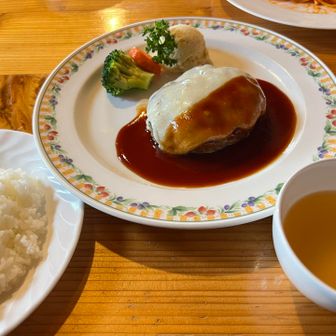 チーズハンバーグ🤤食べ慣れたケチャップアンドウスターな味わい。美味い。