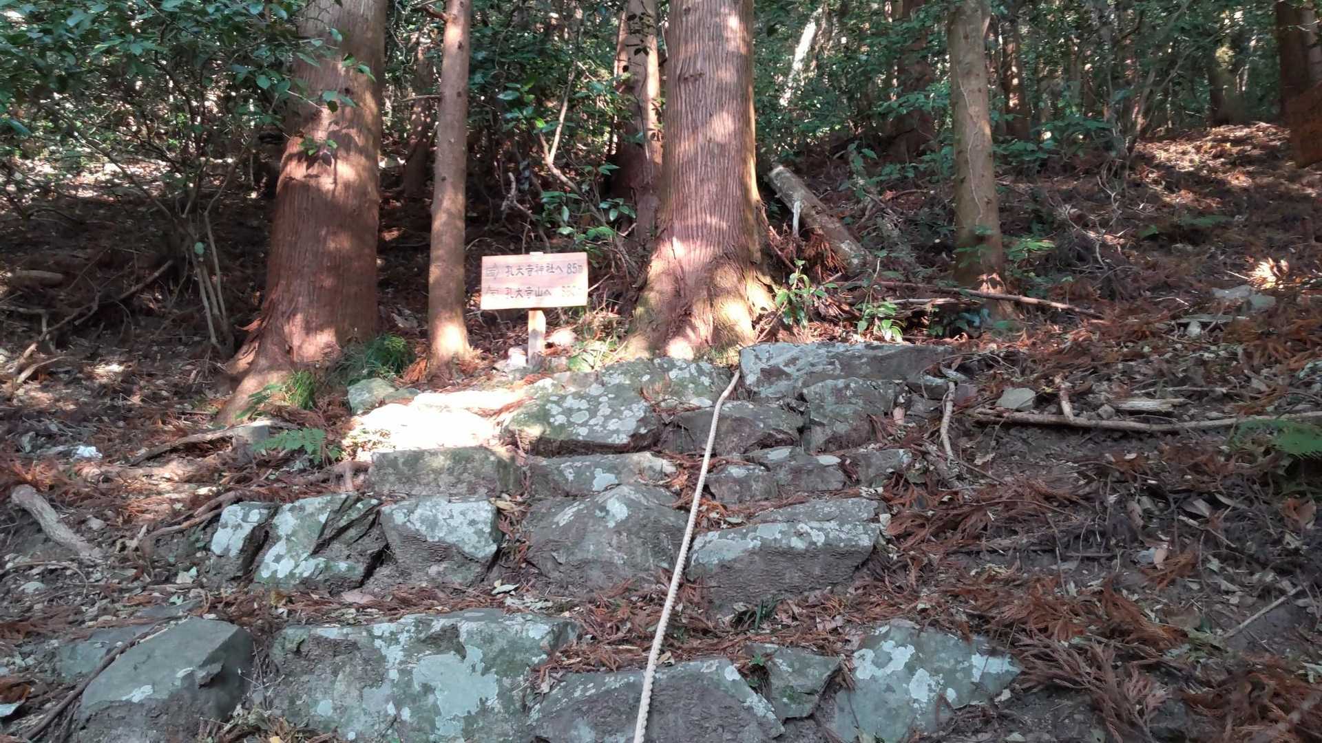 ロープのかかった急な石段を登り切ると、孔大寺神社への分岐。
ここから右に曲がってすぐが孔大寺神社。
大イチョウはその手前にある。