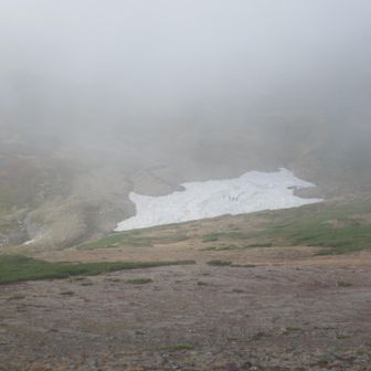 緑岳から白雲岳避難小屋方面へ戻る板垣新道の雪渓を渡る人々。キャンプ指定地の水場は補給困難なほど細く、この雪渓を渡って汲みにくる必要がありました。