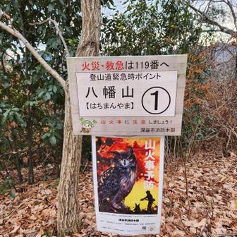 どこの頂上か書いていなかったので、通報のための看板写しておきます。ここ以外の場所も、八幡山②③…ってあったけど。