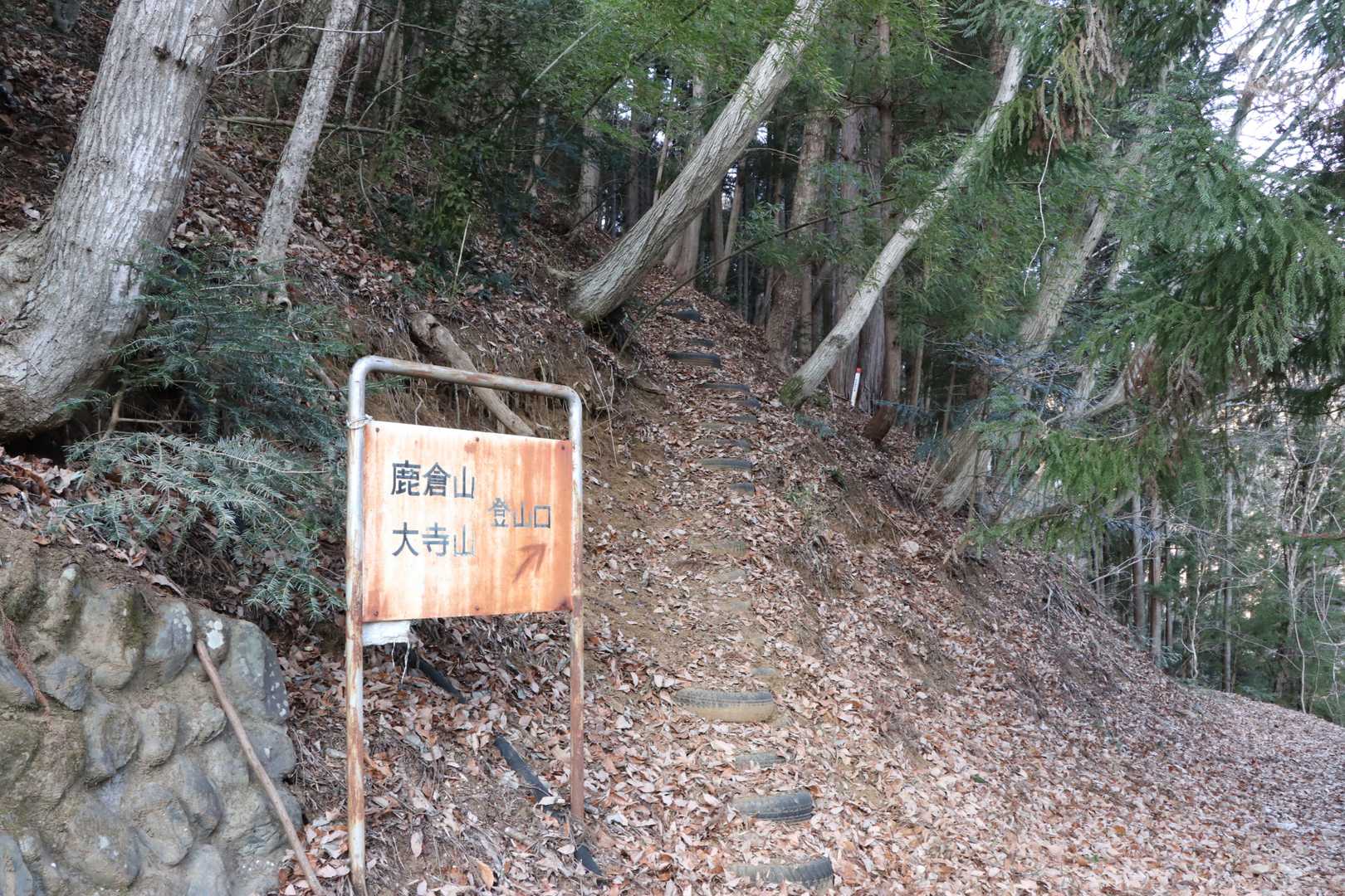 登山口。プラの階段か！と思ったら廃タイヤ( ´艸｀)ちょっとプニプニしてる
