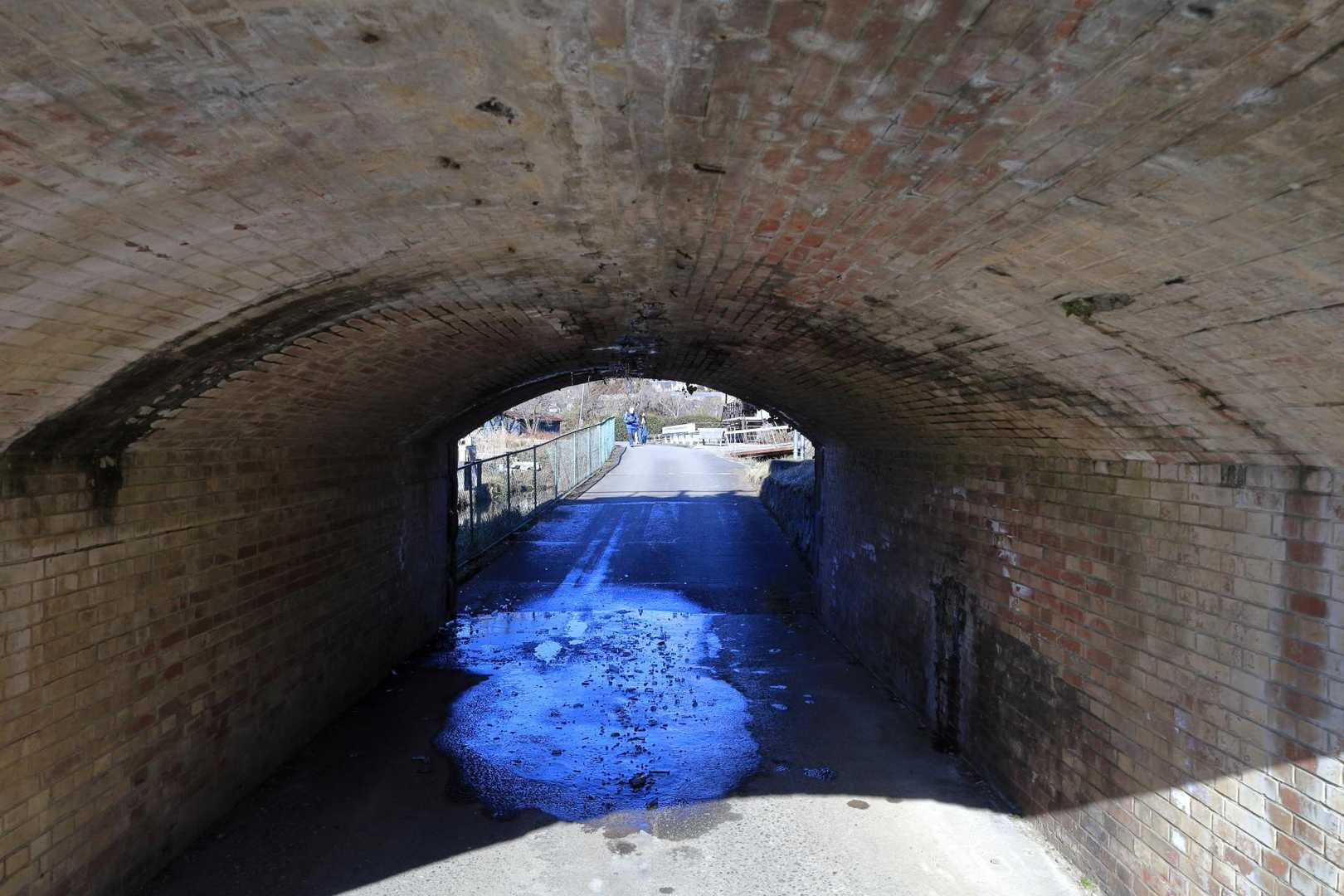 落合水路橋の下をくぐっていきます。
水が漏れていて、つららができていました。