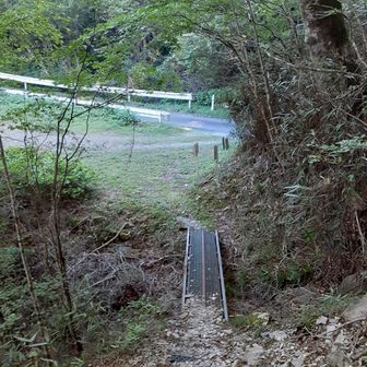 トンネル口へ降りてきました　ここからが。。。間違えてしまいました　いままでどの登山口も立派な表示札があったので　てっきり林道を降りていればあるだろうと　途中右にピンテの細道はみたのですが　ここは違うだろうと思い込んでマッピングしませんでしたのが敗因でした　