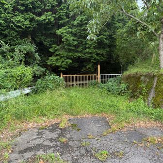 YAMAPでは「取り付き」とある林道入り口。固く閉ざされて草も茂っています。通行禁止は不法投棄を避けるためとも