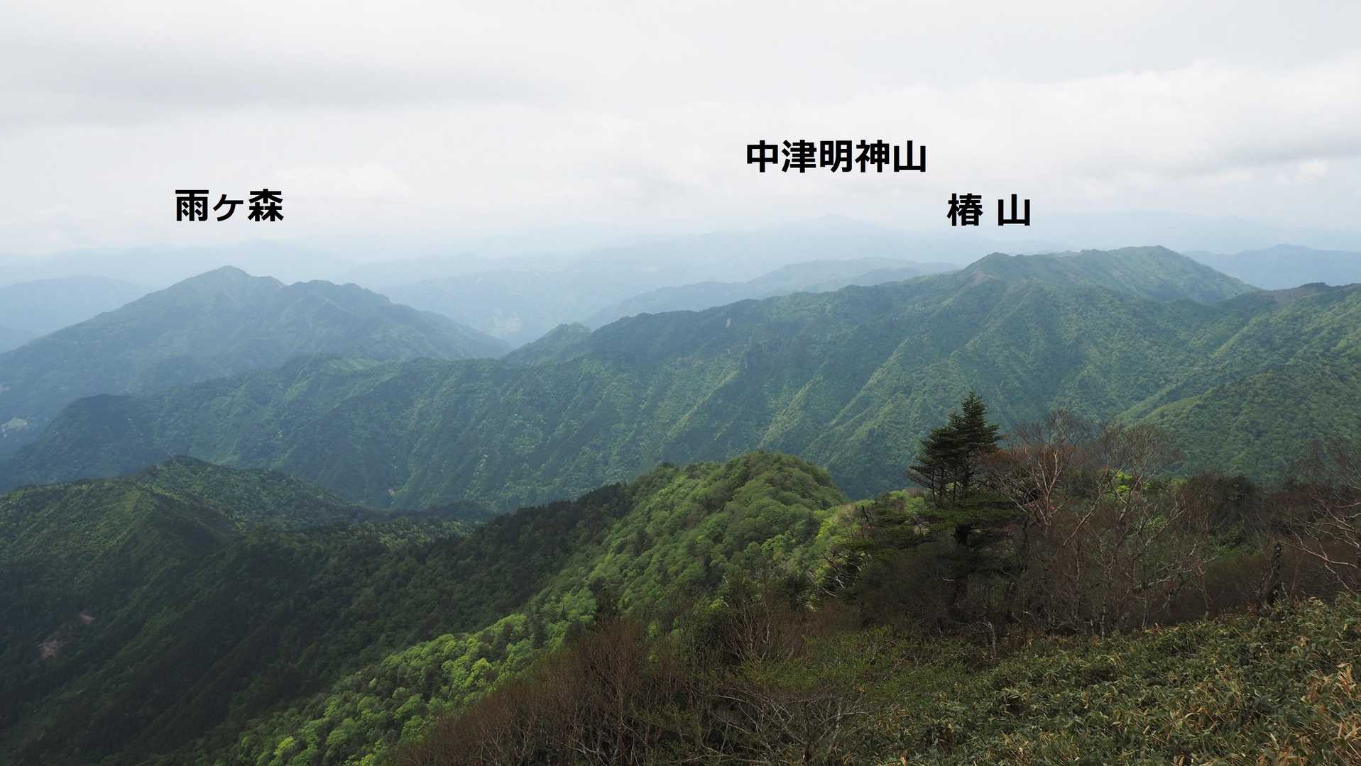 尾根から南側の眺め
少し霞んでいますが、中津明神山辺りまで肉眼で確認できました