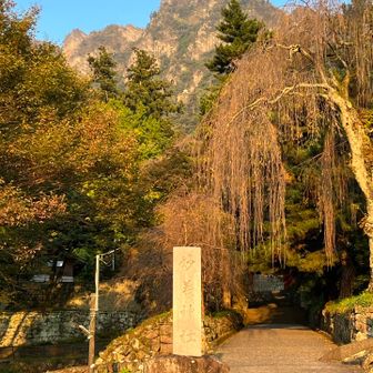 東側登山口の妙義神社。これから挑戦する妙義山が見えます。あんなトコ登れるの⁈と思いました。中央下にこれから目指す「大の字」が見えます