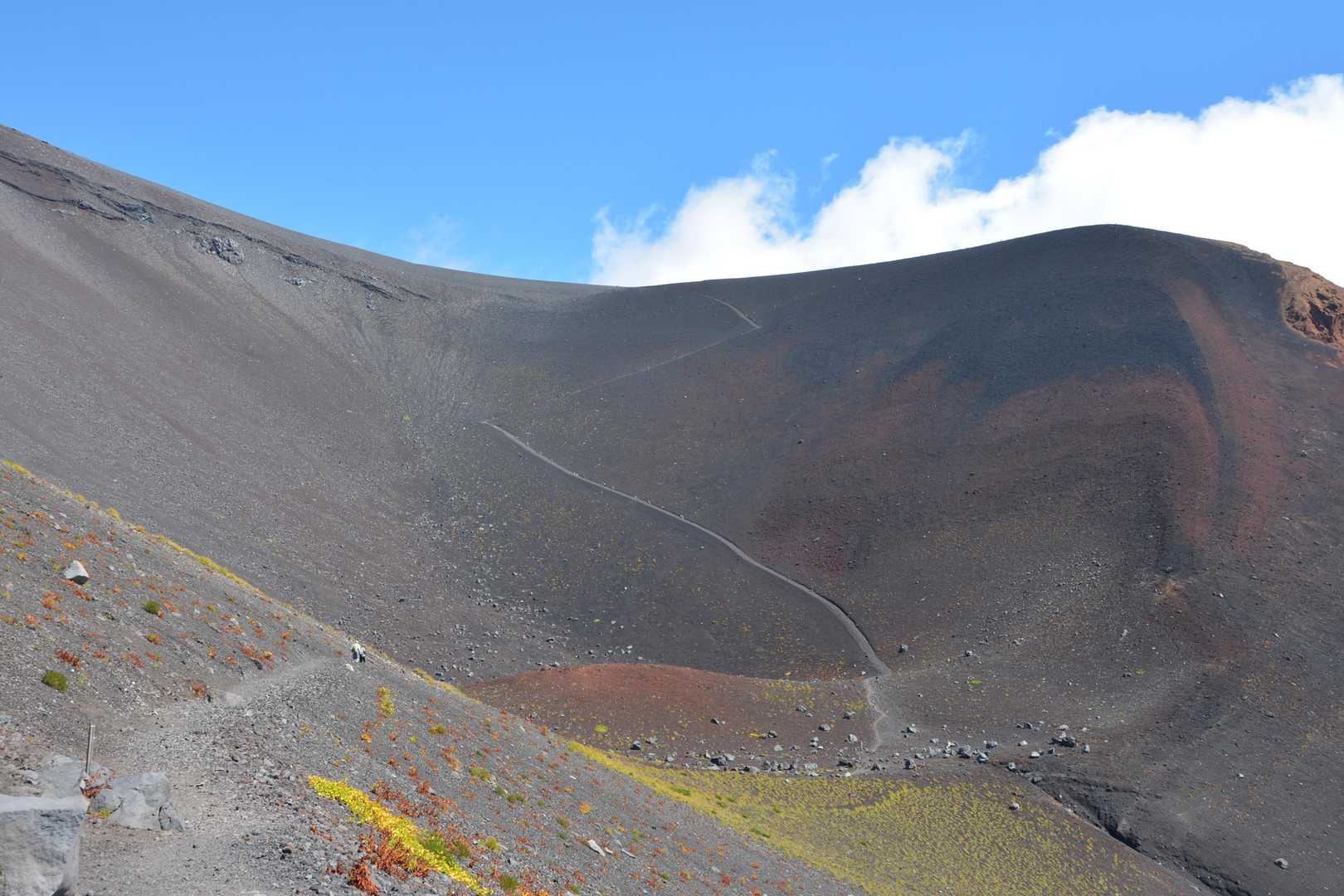 往路とは違い、東側の内側熔岩壁が照らされ登山道が良く見える。やはり凄い登りだ。