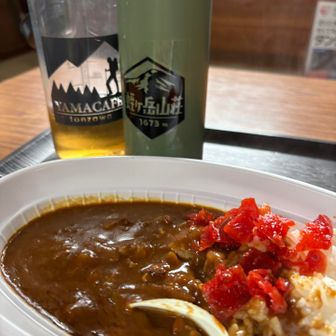 山荘へ駆け込みます
自炊室は満席🈵
みんなドロドロのゲーターを取りたくないんだな！と、いう感じ。
トイレが中だと聞いて躊躇してる方もいるくらい。

私は中でゆっくりさせてもらいました😊
とにかくまずびしょびしょの髪の毛を拭きまくります。2度と同じ失敗は許されないので大きいタオルを持参しました。脳みそ冷えないように帽子も被って整えてからのカレー🍛
最高🙌🙌🙌
大倉から抜きつつ抜かれつの健脚りえさんとしばし歓談。おやつもいただいたのに今日はお返しするものがなかった🙏