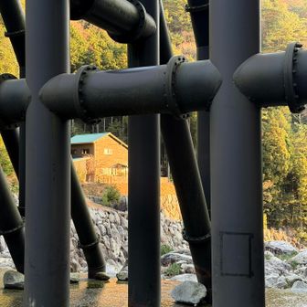 鉄パイプの隙間から日向小屋