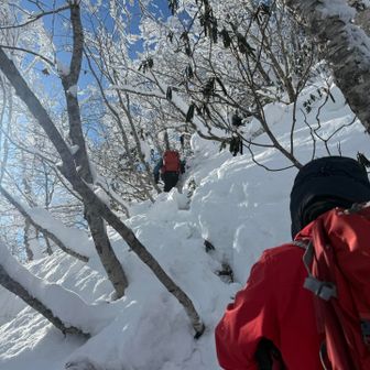 mg_neさんに続きhacchiが登ります。
急登とサラサラ雪に格闘中