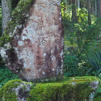 「是より北　木曽路」の碑
現在の岐阜県と長野県境は馬籠峠ですが美濃国と信州国の境はこの場所でした
「夜明け前」の冒頭を思い出します

後日に気がついたのですが、この文字は島崎藤村の揮毫だそうです。どこかでみたような感じの書体だと思ったら富士見台の山頂に近い方の神坂小屋に掲げてある「山小屋」の額の文字と同じでした。